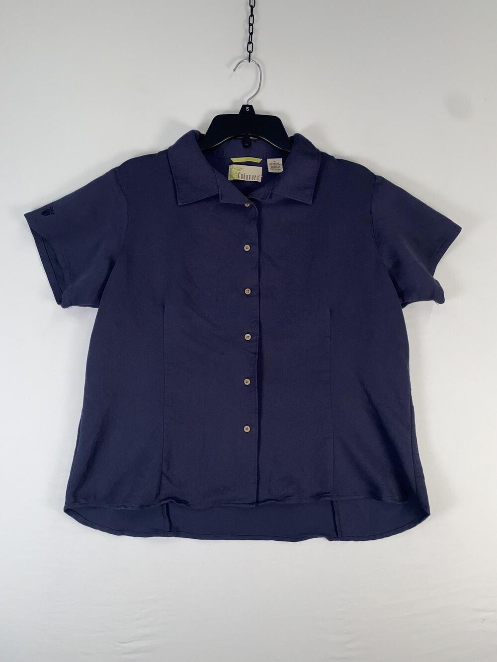 Cubavera Shirt Womens XL Blue Solid Button Front Collared Short Sleeve Top